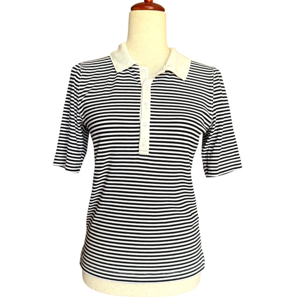 SPANX Tops - Spanx Striped Polo Top Black White Stretch Stretch Fit Short Sleeve Size M NWT